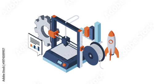 3D Printer with Rocket and Gear Isometric Illustration.