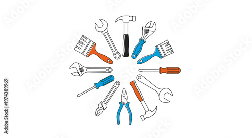 Outline illustration of different construction and handyman tools
