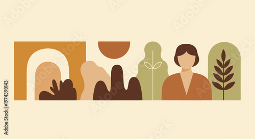 Abstract Boho Shapes and Woman Illustration.