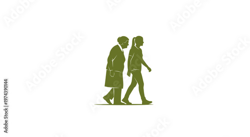 Senior and young women walking together in green silhouette