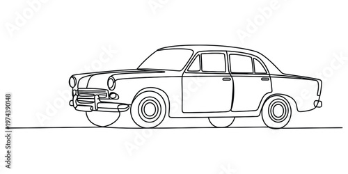 A detailed continuous line drawing of a classic vintage sedan car viewed from the side profile side