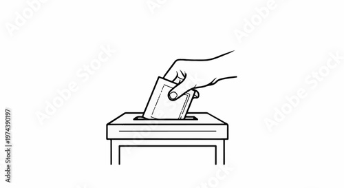 A hand places a ballot into a simple line drawing of a ballot box