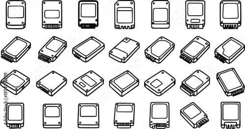 Black and White Line Art Icons of Various Storage Devices and Computer Hardware