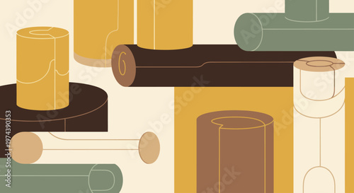 Abstract illustration of various cylindrical and rolled objects in earthy tones.
