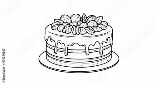 A hand-drawn, black and white illustration of a layered cake adorned with nuts and dripping frosting