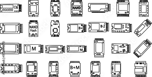 Black and White Line Art of various SSD and NAND Flash memory devices, technology concept