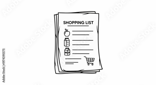 A hand-drawn black and white illustration of a shopping list with grocery items