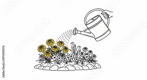 A hand waters a flowerbed with yellow flowers and other blooms