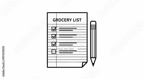 A hand-drawn illustration of a grocery list with a pencil