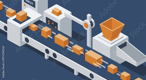Automated factory production line with robotic arm and conveyor belt system.