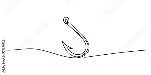 A single continuous line drawing of a sharp metal fishing hook designed for catching freshwater fish