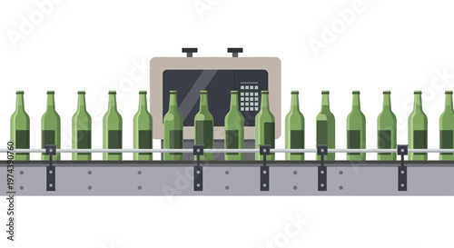 Bottles moving on a conveyor belt in a factory production line.