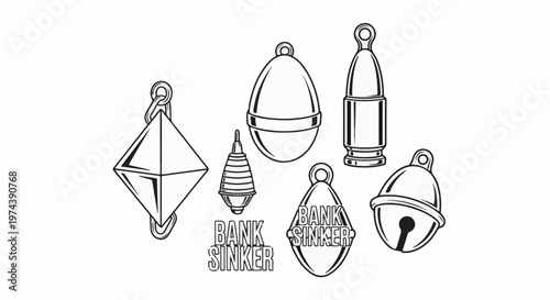 A graphic illustration of fishing weights, bells, and other nautical objects