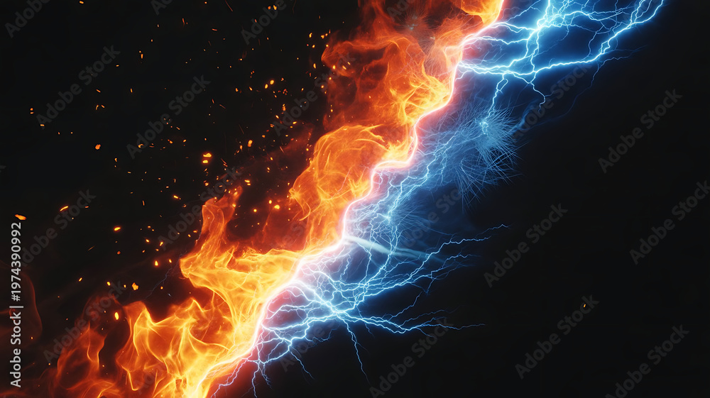 Fototapeta premium Cinematic Battle of Elements Featuring Vibrant Fire and Ice Lightning Against a Dark Background