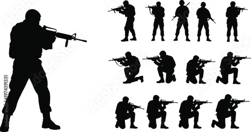 Soldier silhouettes, armed forces vector, military rifle poses, combat illustration, tactical stance design, dark shadow art, war graphic concept sheet