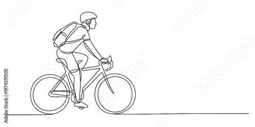 Continuous line drawing of a person wearing a backpack while riding a bicycle on a flat surface