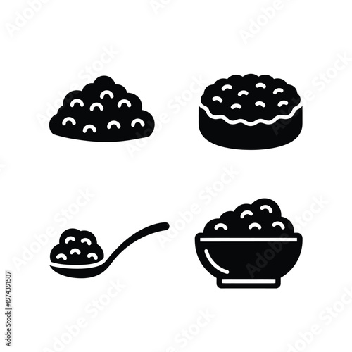 Four Black Icons of Caviar Portions caviar, fish roe, delicacy, gourmet, food, seafood