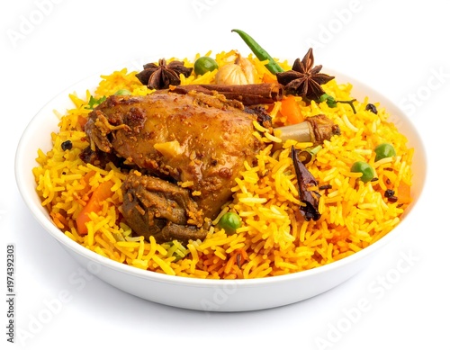 A vibrant, appetizing dish of yellow rice with a tender, roasted chicken leg, peas, and fragrant spices in a white bowl