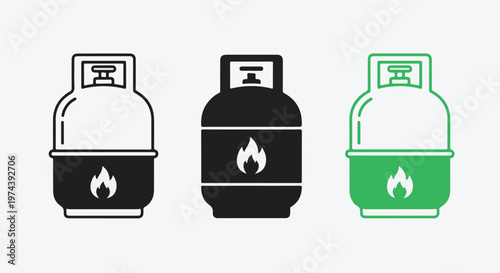 Three stylized icons of propane gas cylinders in black, white, and green with flame symbols representing energy and fuel