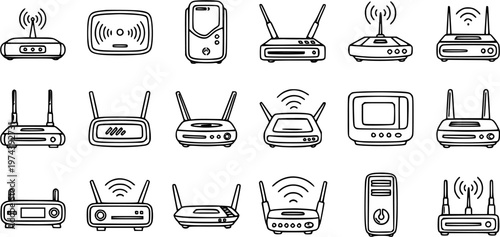 Technology Wi-Fi Routers and Network Devices Line Art Icons Set - Wireless Internet Modem Communication Equipment Doodle Vector Pack