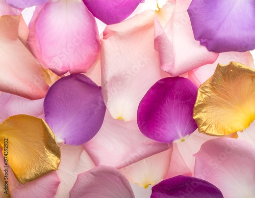 Overhead shot of overlapping, multi-colored flower petals in shades of pink, purple, and gold against a white backdrop