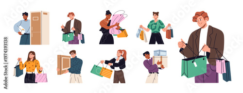 Set of people with shopping bags. Buyers hold lots of packs of purchases. Customers buy household appliances, carry boxes and heap of packages. Flat isolated vector illustrations on white background