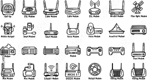 Technology Internet Networking Modems and Routers Line Art Icons Set. Various Network Hardware Devices and Internet Access Equipment Doodles