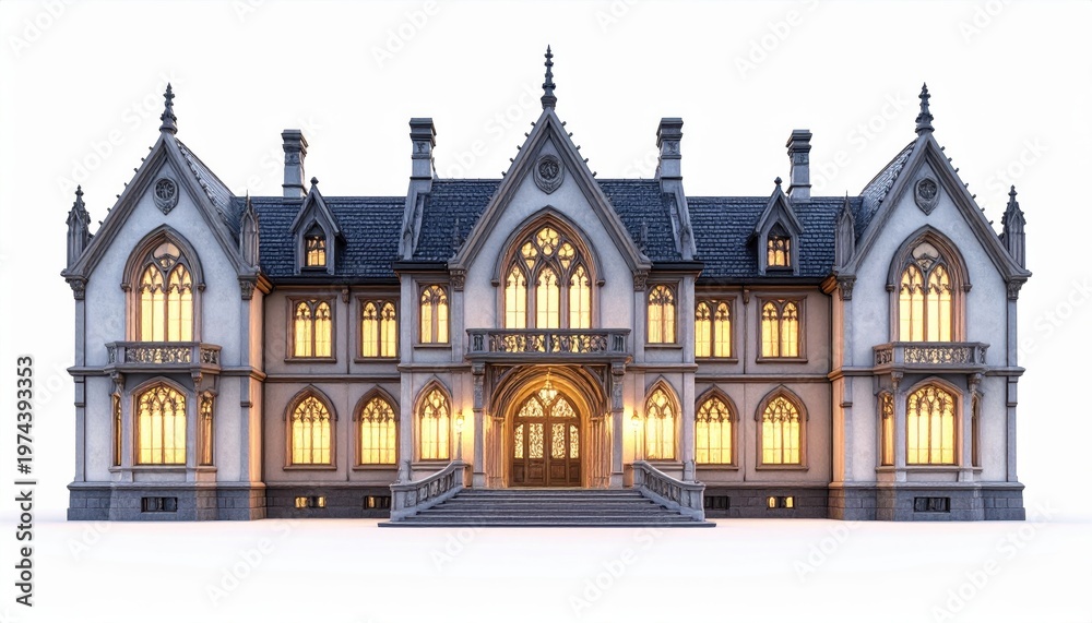 Fototapeta premium Stunning Gothic Revival mansion showcasing intricate architecture and glowing windows, exuding elegance and historical charm.