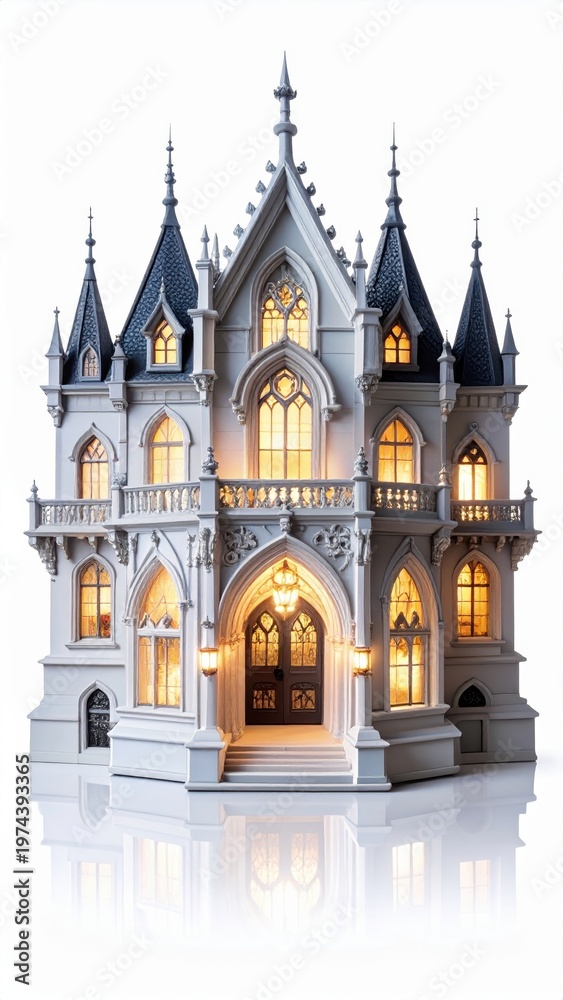 Fototapeta premium A captivating Gothic Revival mansion with glowing windows, showcasing intricate architectural design and a reflective base.