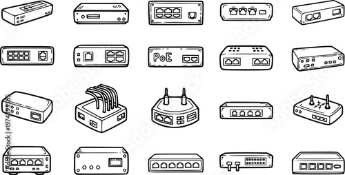 Black and White Line Art Icons of Network Devices, Routers, Switches and Modems