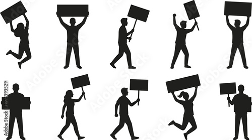 WebSet of protestor silhouettes featuring men and women holding blank signs, jumping with banners, and walking during demonstration isolated on white