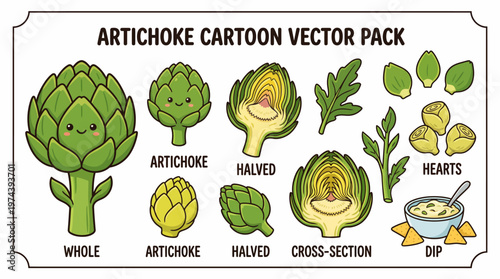 Artichoke Cartoon Vector Pack Featuring Cute Characters and Various Preparation Stages