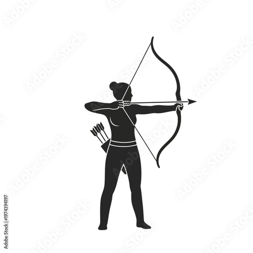 Female archer aiming bow and arrow with quiver icon