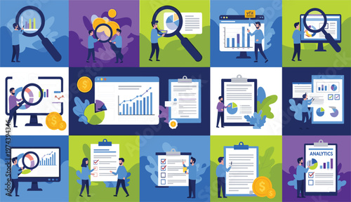 Business Data Analysis and Financial Audit Illustration Set with Team Reviewing Charts Reports Analytics Dashboard and Market Research Flat Vector Collection