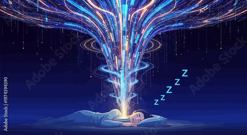 A person sleeps peacefully as vibrant dreamlike energy emanates from their head.