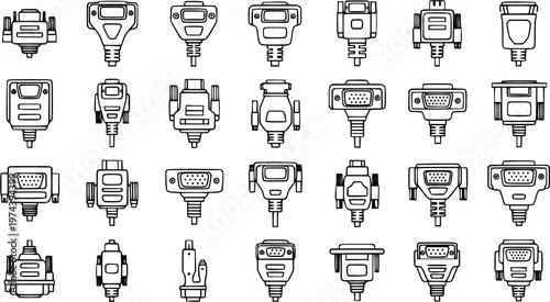 Technology Computer Connectors Line Art Icons Set. IT Cables, Plugs, Ports, and Adapters in Black and White Outline Style for Electronics and Networking.
