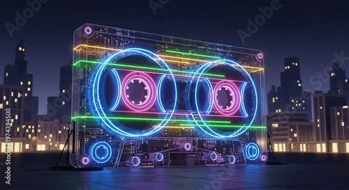 Neon-lit cassette player stands in cityscape at night with colorful glowing reels and wheels around Technology
