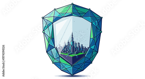 A futuristic illustration of a cityscape inside a shield emblem.