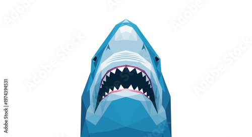 Low poly shark head with open mouth on white background