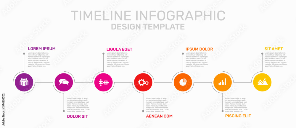 Fototapeta premium Horizontal timeline infographic template with colorful circular icons, progress line, and placeholder text. Vector illustration.