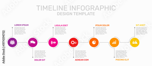 Horizontal timeline infographic template with colorful circular icons, progress line, and placeholder text. Vector illustration.