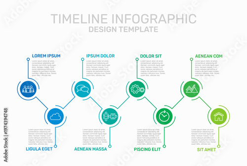 Colorful zigzag timeline infographic template with circular icons, thin lines, and placeholder text. Vector illustration.