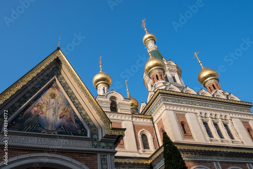 Vienna, Austria – View of the Russian Orthodox Cathedral of Saint Nicholas, showcasing its traditional golden domes and colorful architectural details from a distance.