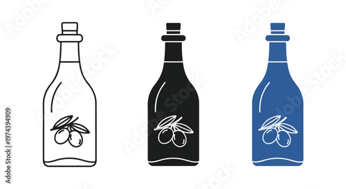 Three stylized bottles with olive branch icons, representing olive oil in outline, solid black, and blue variations