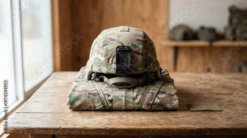 Military helmet and folded camouflage uniform on a rustic wooden table indoors.