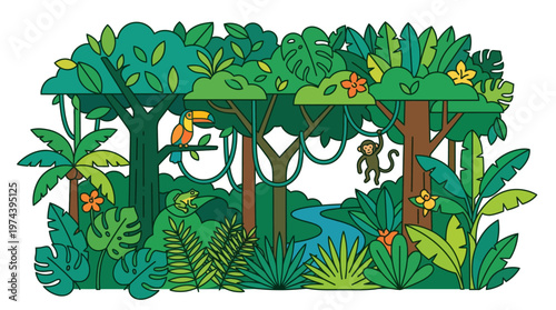 Vibrant tropical jungle illustration featuring exotic wildlife with toucan monkey and frog in a lush forest