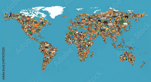 A world map illustration displays various countries with diverse cultures and landscapes on a blue background.