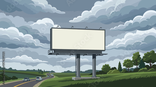 Blank billboard mockup on highway roadside under dramatic cloudy sky illustration