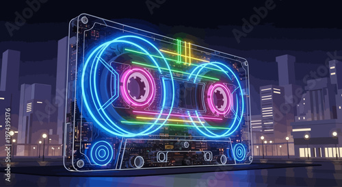 A futuristic neon-lit cassette player sits on a city street at night.