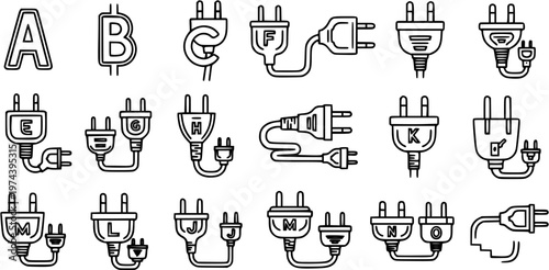 Global Electrical Power Plugs and Socket Adapters Line Art Icons Set. Various Cable Connectors for Energy, Technology, and Household Appliances.